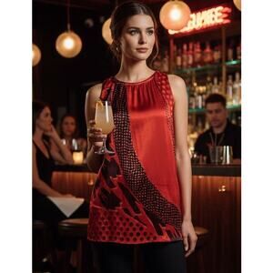 CAbi Red and Black Patchwork Silk Blend Burnout Top